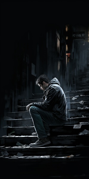一个男人，坐在台阶上，背影，伤感，失落，无助，黑色背景，从上往下的角度，阶梯，手机壁纸