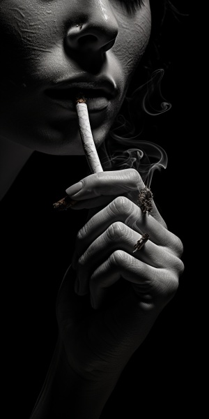 一只手，年轻女人的手，黑白，伤感，夹着一根烟，冒着烟，烟雾缭绕，特写，黑色背景，高清