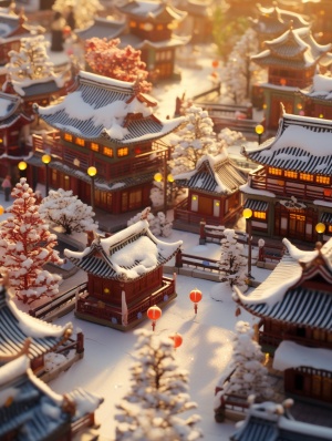 微缩雪后中国新年小镇的超高清等距定格动画