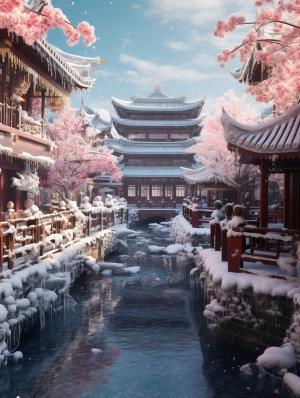 雪后中国新年小镇