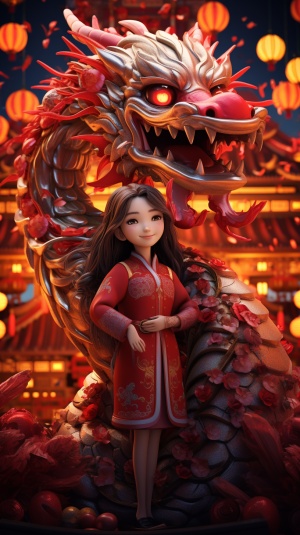 中国新年：威武龙与可爱女孩的3D互动