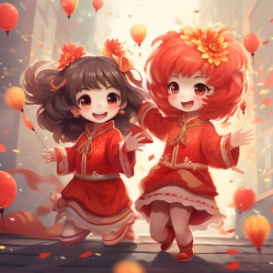 中国新年的艺术插画描述：女孩穿着红色服装，舞狮，烟花，爆竹，灯笼。