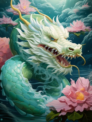 a dragon floating on water with a lotus flower in its mouth, in the style of light turquoise and light white, hyper realistic animal illustrations, bold, manga inspired characters, frederick sandys, colorful animations, chinese tradition, emerald