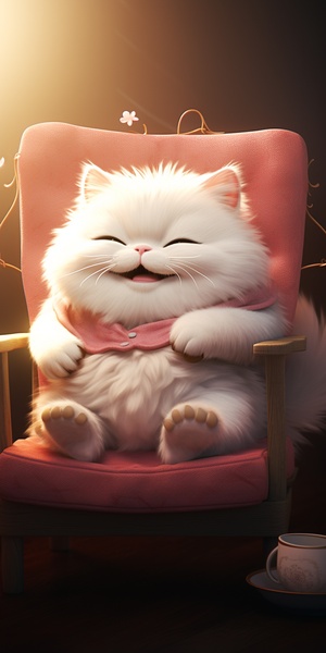 A chubby, round, furry white cat sat on a rocking chair, cute, cute, smiling, holding a cup of tea, squinting its eyes, looking very charming and enjoyable. Zbrush style, charming character illustrations, backlighting, light red and pink, character comics, RTX open, monochromatic harmony ar 3:4