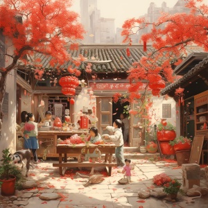 中国新年，农家小院，一家人贴春联，体现欢快的氛围，细节充分