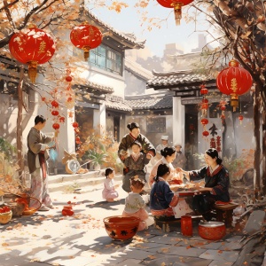 中国新年，农家小院，贴春联，欢乐氛围