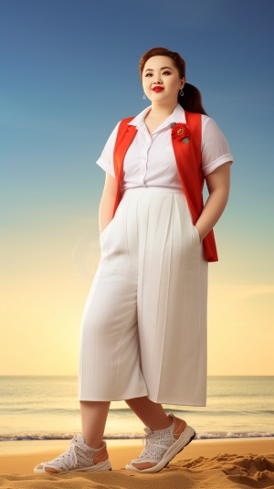 一个女人胖胖的身材穿着白背心裤衩胖胖的脸蛋甜甜的笑红嘴唇穿着小白鞋站在海滩上