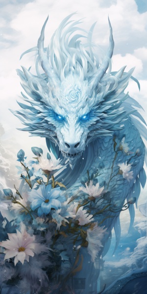 蓝色的冰龙冲破蓝色的冰面，金色的角和胡须，神情温和，盛开的白色的莲花