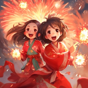 中国新年的艺术插画描述：女孩穿着红色服装，舞狮，烟花，爆竹，灯笼。