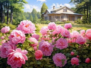 乡村小屋旁的粉色牡丹花与小盆栽