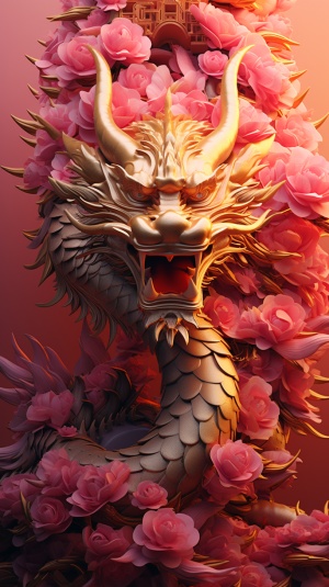 Chinese dragon with pink body, golden hair and golden scales, pink background, exquisite details, symmetrical composition, movie poster, matte texture, diffuse light, C4D, OCrenderer, ar 9:16
