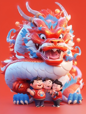A big, fat, cute Chinese dragon,Pixar style, with two super bubbly, cute five-year-old Chinese boys and girls holding its plush belly. Fluffy blue, white and orange color scheme, simple solid red background, Kawaii style, strong lighting effects, iPhone photos, hyperdetail,3D rendering, HD,8k v 6.0
