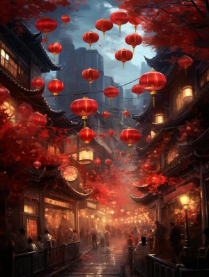中国年，好多人穿着新衣服在接上走着，街道两边挂满红灯笼，特别大的月亮，月光洒下，一片祥和的氛围，高清，超细节，漫画风格