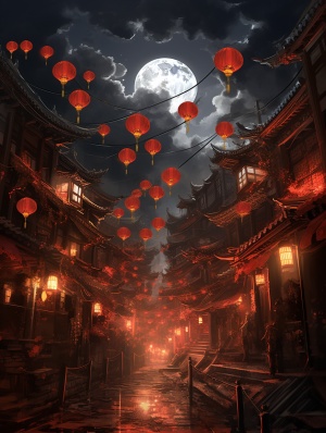 中国年漫画风格，红灯笼下的祥和景象高清细节