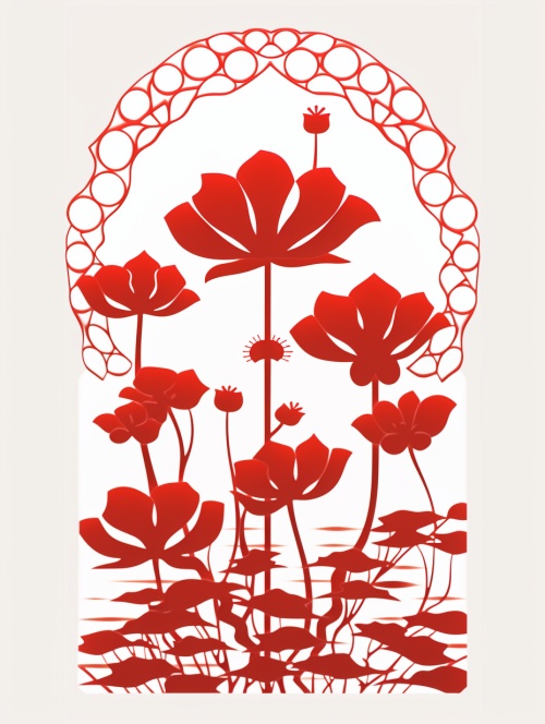 极简的，中国剪纸，关于窗花，荷叶平面，单层，矢量剪影，，镂空，红色，无阴影，白色背景