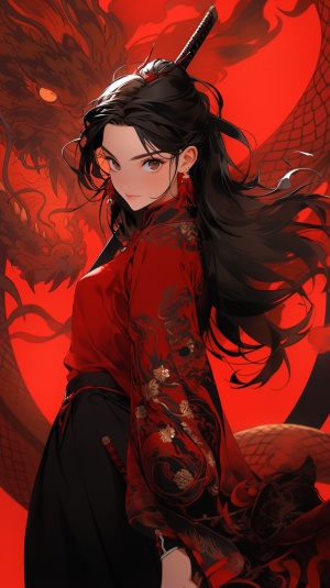 一位年轻的中国女子手中拿剑，以迪士尼风格，嘘，优雅的人物，红色背景，黑色衣服，有一只黑色的龙
