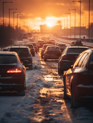 photograph of a highway with poor road conditions. There is a lot of snow and ice on the road. traffic jam. This image was captured with a Leica M Camera with a 80 mm lens. style raw