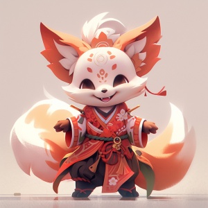 可爱卡通小狐狸，拟人的手法，站立，穿着中国传统服饰的小狐狸，正脸，可爱，大眼睛，圆嘟嘟