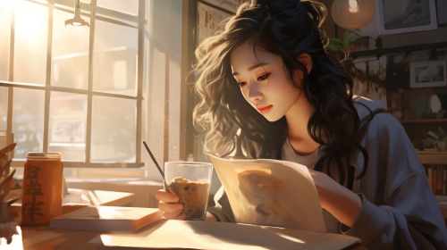 现实的，写实的，真实的，一个37岁的中国女人，在奶茶店喝奶茶，旁边放着一本书，阳光打在脸上