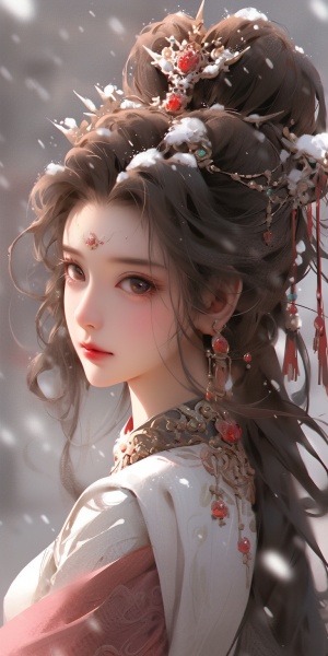 公主中国古风女子，穿着华丽的公主裙，口红，精美的发饰，精致的妆容，精致完美的五官，逼真的皮肤，趴在雪地里，半身