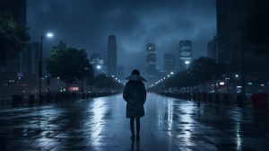 一个女人在暴风雨中独自走在大街上。天空非常的阴暗。路上没有一个人也没有一辆车。脸上的神情很冷漠，非常孤独。