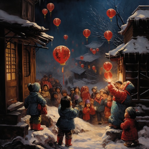雪漫天，红灯笼，小朋友们在家门口燃放烟花爆竹，欢喜过大年