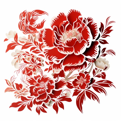极简的，中国剪纸，关于牡丹花，枝叶平面，多层，矢量剪影，牡丹花，镂空，红色，无阴影，白色背景