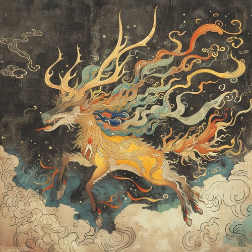 Mythical Beast from the Classic of Mountains and Seas - Chenghuang《山海经》中的神兽 - 城隍Keyword sharing: three-dimensional ancient style, exotic beasts from mountains and seas, looks like a deer, has horns on its back, its fur is yellow, wearing a colorful ribbon, flying into the sky, mainly cold colors, black, yellow, brown and blue, thick ink paint, texture matte关键词分享：立体古风，山海异兽，长得像鹿，背上有角，皮毛黄，系着五颜六色的缎带，飞向天空，以冷色为主，黑色、黄色、棕蓝，浓墨漆，质感哑光