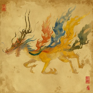 Mythical Beast from the Classic of Mountains and Seas - Chenghuang《山海经》中的神兽 - 城隍Keyword sharing: three-dimensional ancient style, exotic beasts from mountains and seas, looks like a deer, has horns on its back, its fur is yellow, wearing a colorful ribbon, flying into the sky, mainly cold colors, black, yellow, brown and blue, thick ink paint, texture matte关键词分享：立体古风，山海异兽，长得像鹿，背上有角，皮毛黄，系着五颜六色的缎带，飞向天空，以冷色为主，黑色、黄色、棕蓝，浓墨漆，质感哑光