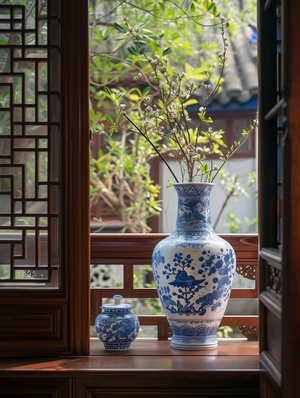 A touch of blue and white, traveling through thousands of years of elegance, a small painting of the Song Dynasty.💫The secret realm of blue and white porcelain vase! 🏮🎏The blue and white porcelain vases on the shelf are dreamlike and tell ancient stories. The railings and trees are carefully carved, as if you have traveled to ancient China.