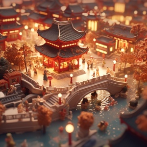 Miniature, clay, Chinese New Year town, isometric view, stop motion, shop, close-up, Chinese New Year lanterns, crowd, sunny, volumetric landscape, brush render, tilt move, 3D, super detail, ultra high definition🎈Painting style: CG