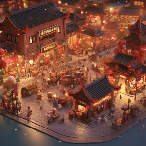 Miniature, clay, Chinese New Year town, isometric view, stop motion, shop, close-up, Chinese New Year lanterns, crowd, sunny, volumetric landscape, brush render, tilt move, 3D, super detail, ultra high definition🎈Painting style: CG