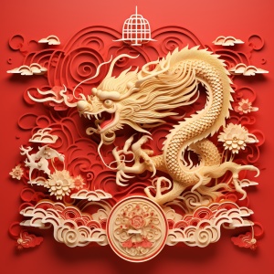 中国剪纸：金色巨龙腾飞的红底花纹
