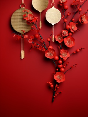 红色背景，中国元宵节，灯笼，花枝，剪纸，金色鎏金，极简主义，禅宗风格