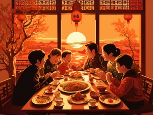 Spring Festival, reunion, New Year's Eve dinner, reunion dinner, childhood memories of the family sitting around. Warm feeling comes to you, home feeling, Chinese New Year atmosphere, Chinese New Year style, poster, HD quality