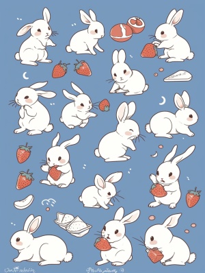 Sticker Collection: Cute Blue and White Line Draft with Yu Nagaba's Rabbits and Delicacies