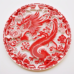传统剪纸，龙凤呈祥，中国红，剪纸融合中国传统绘画风格，细腻生动。
