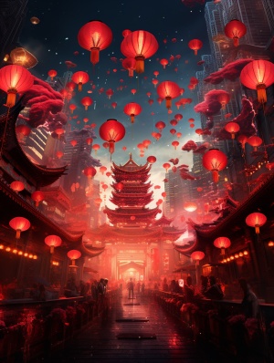 Celebrate the festival together, the Chinese Lunar New Year of the Dragon, with big red lanterns, Chinese style, crystal ball elements, and cyberpunk.
