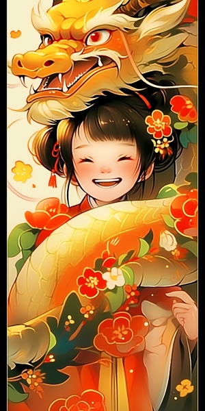 中国龙，金色的金色的角，金色的爪子，5岁小女孩，开开心的笑，手捧福袋，牡丹花，手捧福袋