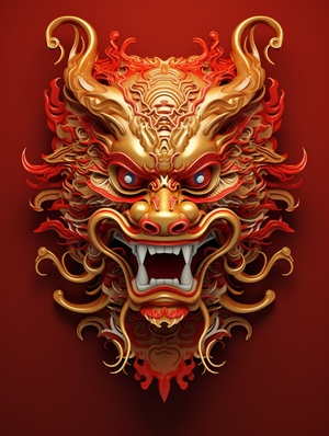 Chinese Dragon Head: Golden Strokes on Red Background