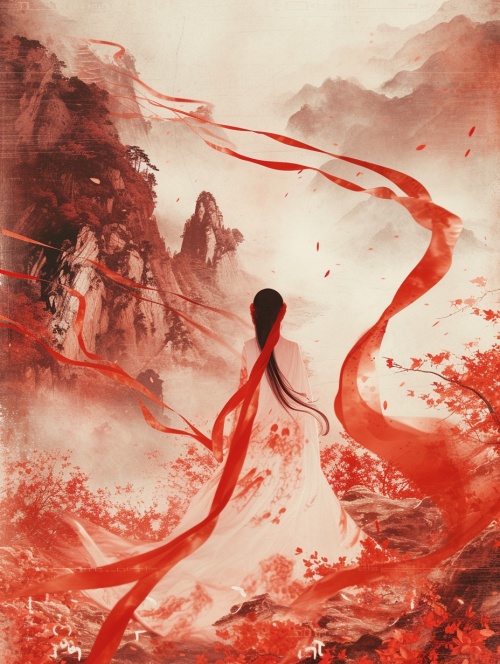 穿着红色白色扎染的连衣长裙的中国古典女人，丝带飘飘，在山谷里徘徊，在空灵插图的风格中，中国文化主题，中国水墨山水背景，两侧山上开满橙色红色的梅花，流动的纹理，动画插图，布满橙色鲜花浪漫的河景，概念艺术，迷雾，唯美二次元，最高精度，超高清画质，64K