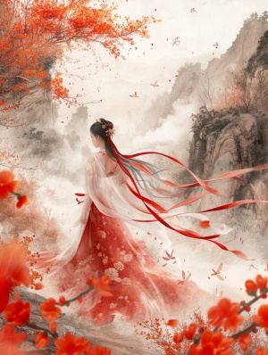 穿着红色白色扎染的连衣长裙的中国古典女人，丝带飘飘，在山谷里徘徊，在空灵插图的风格中，中国文化主题，中国水墨山水背景，两侧山上开满橙色红色的梅花，流动的纹理，动画插图，布满橙色鲜花浪漫的河景，概念艺术，迷雾，唯美二次元，最高精度，超高清画质，64K