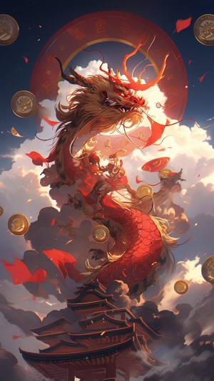 中国龙，红色，周围带着红包金币，在天空上俯瞰人间