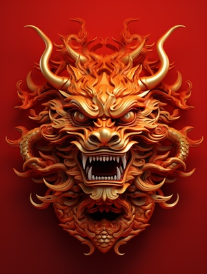 Chinese Dragon Head: Golden Strokes on Red Background