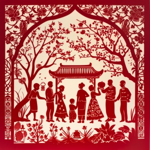 传统剪纸，阖家团圆，中国红，融合传统绘画，立体感强，极具张力，欢乐喜庆，中国年味。