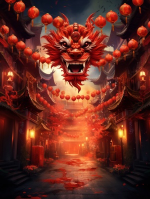 A Chinese dragon, facing the front, in the middle of the ancient street, red lanterns are hung on both sides of the street, happy, festive, red background ar 9:16