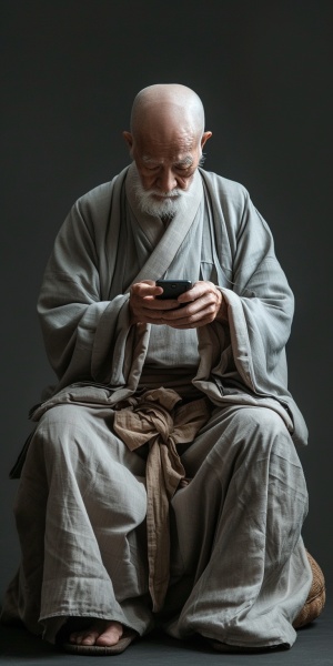 一位老爷爷，身穿汉服，光头，在拿着手机上网，照片风格，高清画质。