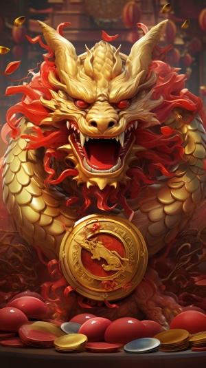 中国龙，红色，龙整体在靠下，周围带着红包金币