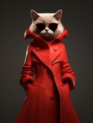 Generate a 3D three-dimensional cat, very anthropomorphic, wearing a red dress, wearing sunglasses,