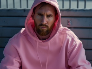 Messi身穿粉色adidas帽衫在替补席不屑而奸诈
